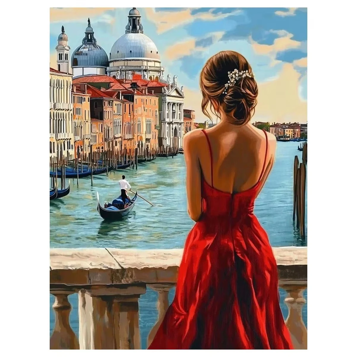 Peinture Diamant DIY Robe Rouge Femme, Gondole Canal Dôme Blanc Bâtiment Ville Méditerranéenne Décoration Murale Cadeau