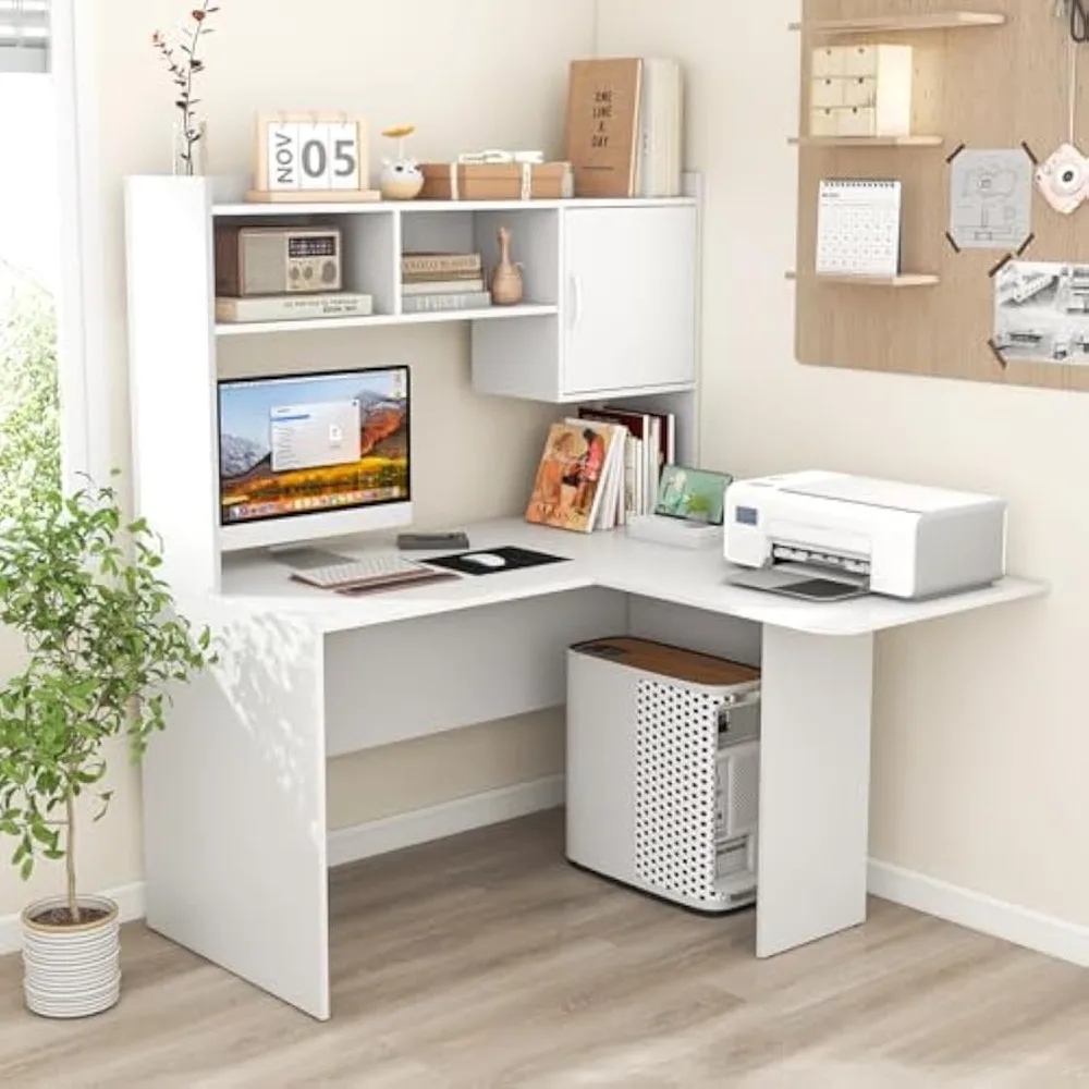 

L Shaped Desk with Hutch, White Corner Desk with Storage Shelf & Cabinet, Laptop PC Table Gaming Computer Table