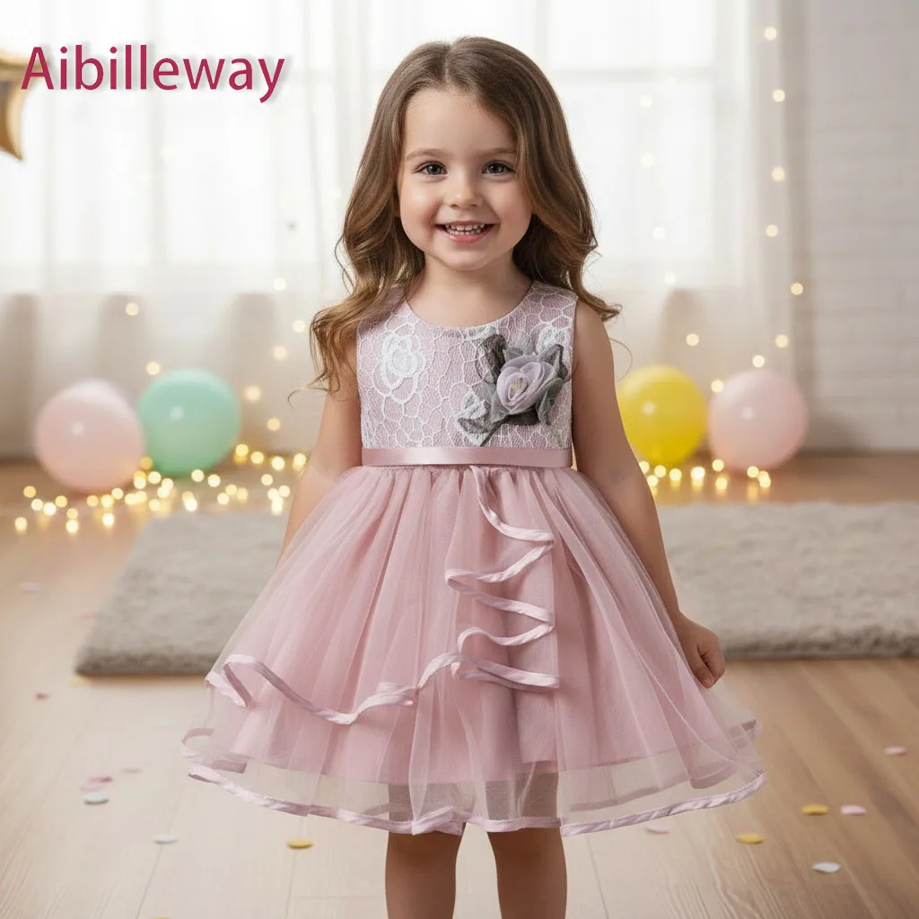 Kids Elegant Tulle Princess Dress Children Sleeveless Lace Flower Decoration Wedding Birthday Performance Outfit Baby Girls Wear