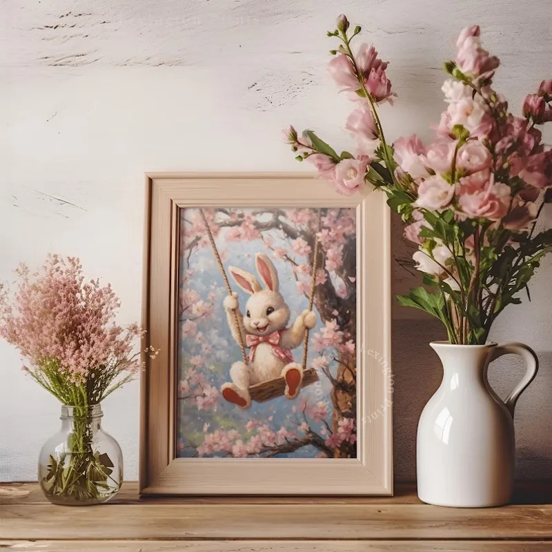 Cute Swinging Easter Bunny Prints Easter Wall Art Easter Decor Spring Print Easter Print Nursery Decor Cherry Blossom Print