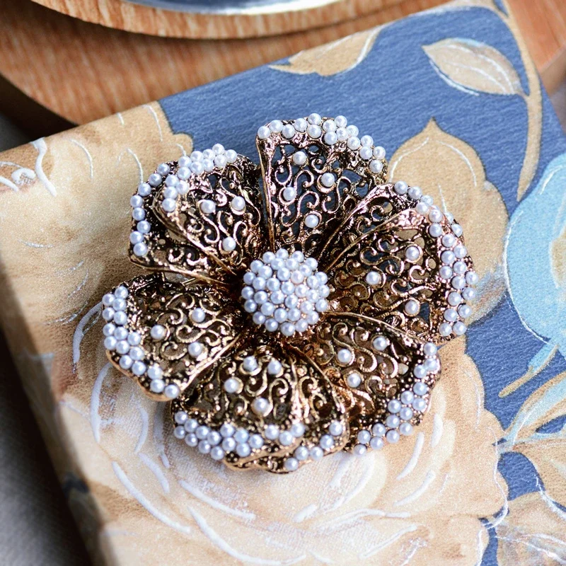 Morkopela Vintage Filigree Flower Brooch For Women Pearls Large Blossom Pins Scarf Clothes Clip Pin Banquet Brooches Jewelry