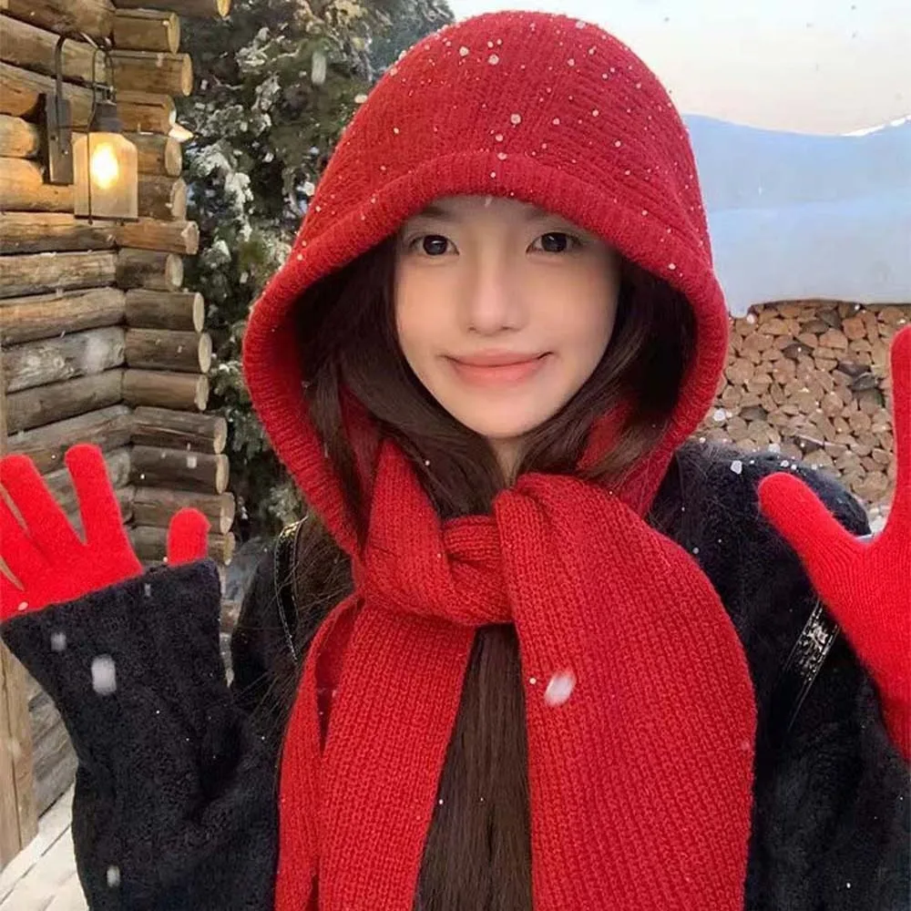 

Acrylic Fibers Knitted Hooded Cap Soft Triangular Neck Collar Beanies Cap Solid Color Ear Protection Winter Neckerchief Hat Work