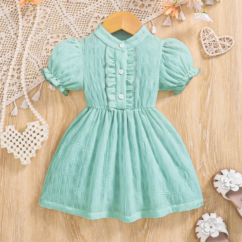 Summer Girl's Sweet Chevron Dress Ribbed Crinkle Fabric Button Dress Wooden Ear Trim French Bubble Sleeve Dresses 0-3Y