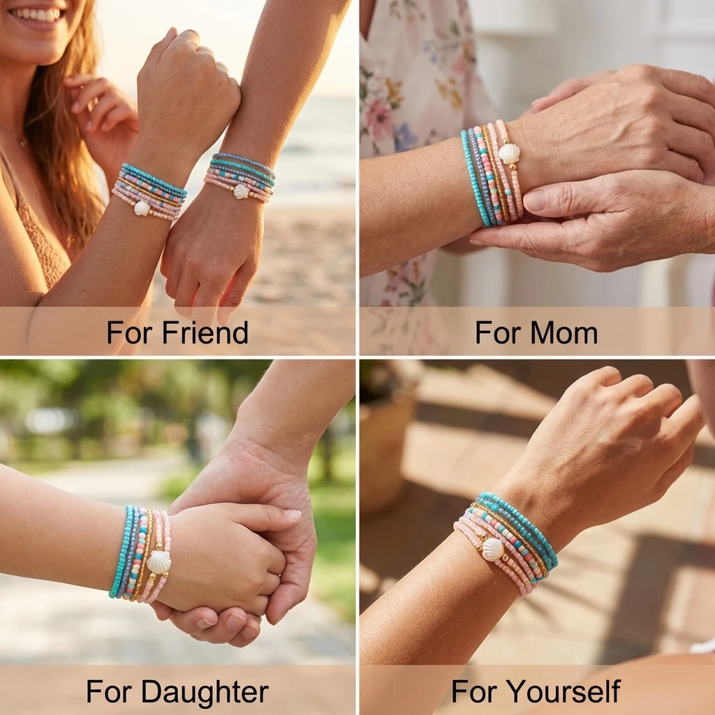 17-teiliges Boho Muschel-inspiriertes Perlenarmband-Set für Frauen Pastellfarbener Mehrlagiger Handgelenkschmuck Sommer Strand Urlaub Accessoires – Detail 3