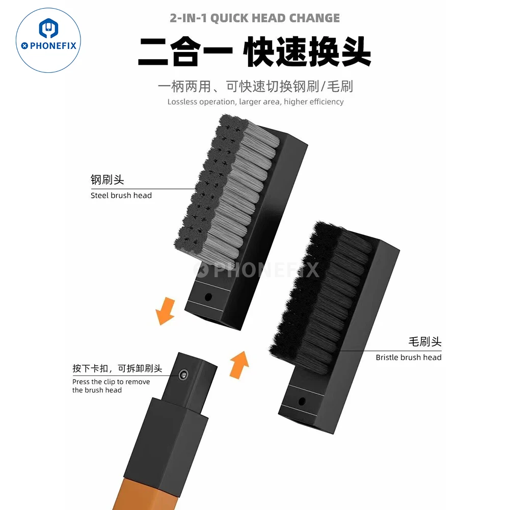 WYLIE-Aço e Escova de Cerdas para UAV, Aicraft, Chip Eletrônico, Motherboard, Reparação, Limpeza Glue, Remoção de Estanho, 2 em 1