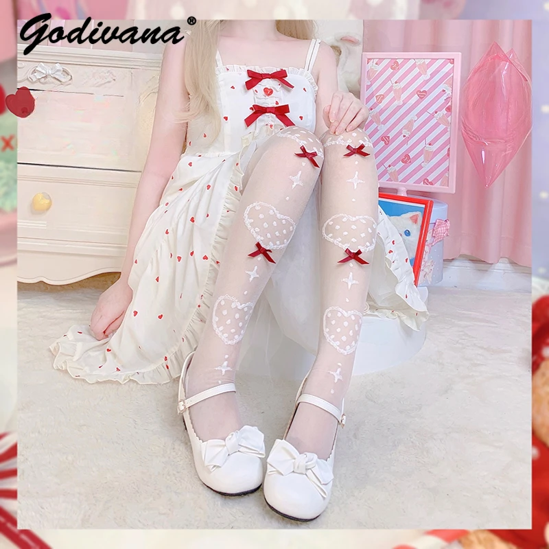 Original Design Sprign and Summer Sweet Girls Lolita Above Knee Socks Bow Love Heart Women's Calf Tube Socks Thin Spun Glass