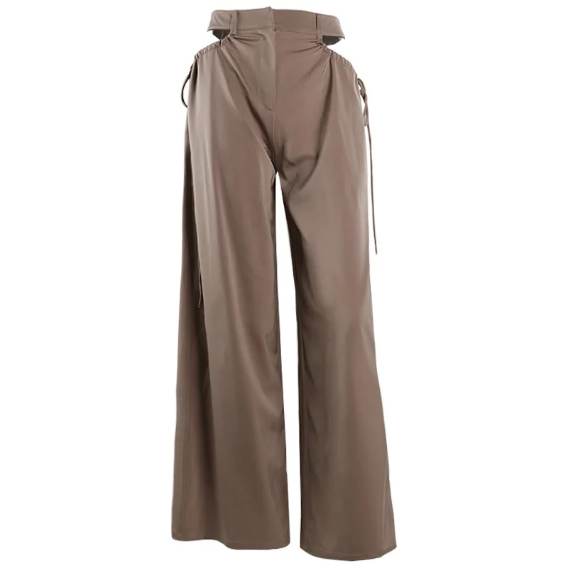 New Fall All-Match Drawstring Sexy Hollow Out Solid Color Trouser 2023 Summer Women High Waist Loose Thin Casual Khaki Pants