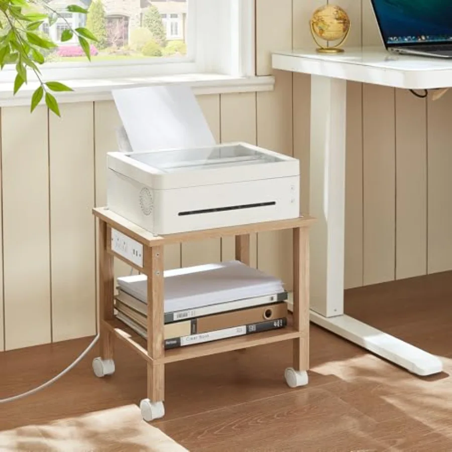 2 Tier Under Desk Printer Stand with Charging Station, Natural en Small Printer Table for Home Office, Rolling Printer Cart She