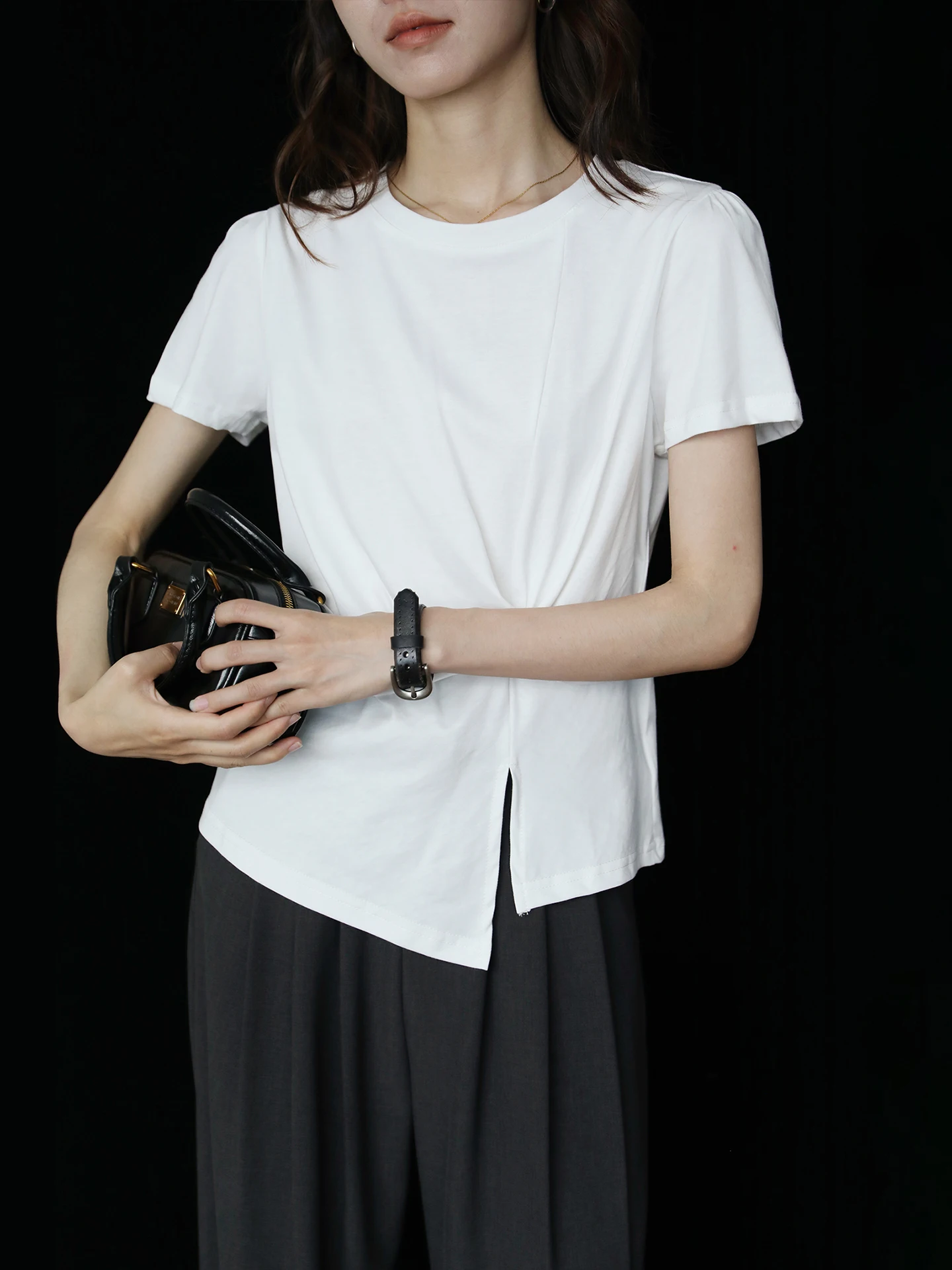 

Женская футболка с коротким рукавом в стиле ретро, асимметричного дизайна, свободного кроя, летняя, белая, стройнящая, удобная, дышащая, повседневная