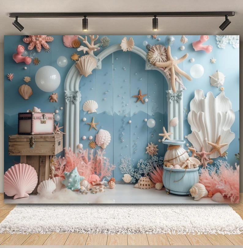 Underwater World Sea Theme Photography Backdrops Ocean Shell Coral Plants Kids 1st Birthday Party Background Decor Photo studio