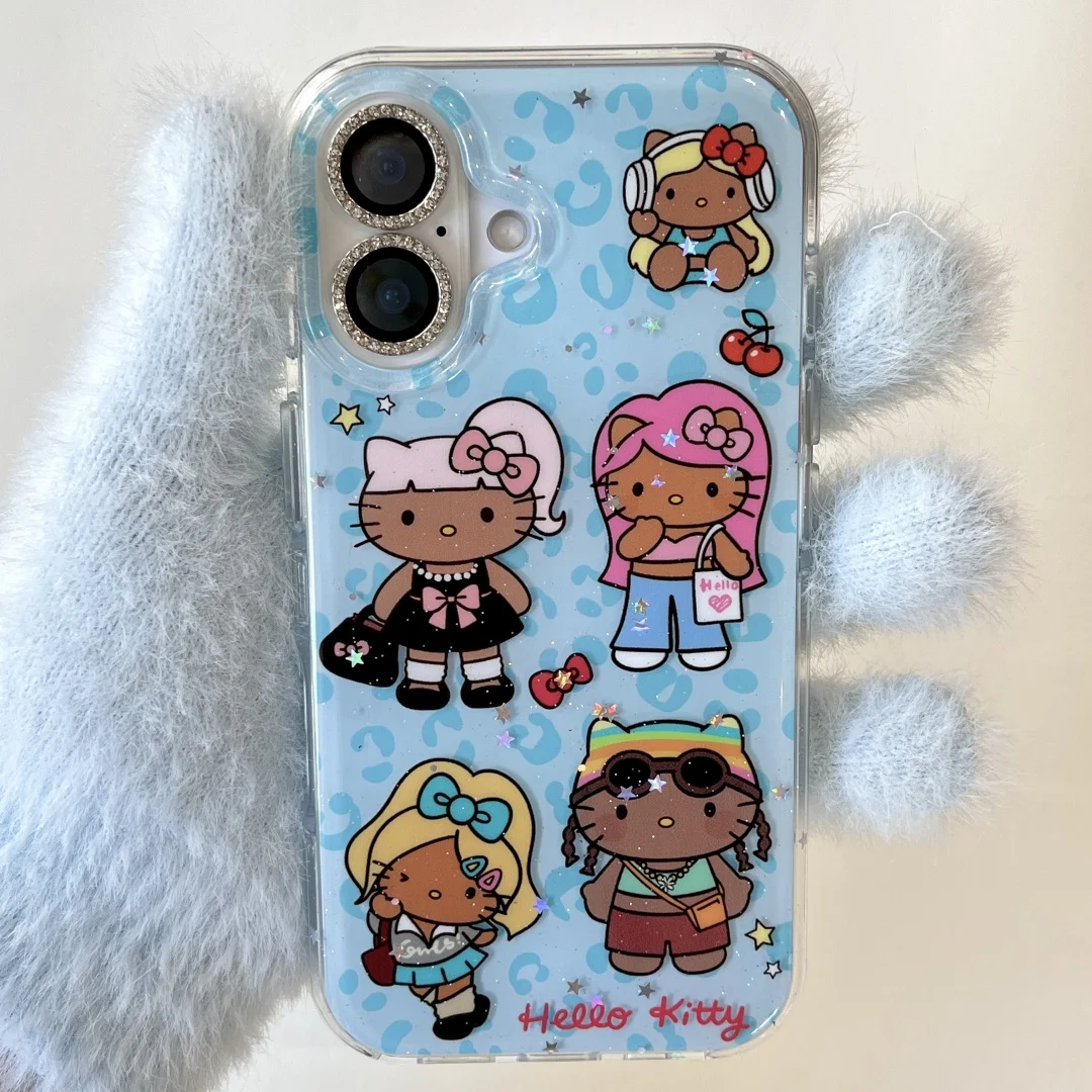 

Chic Blue Leopard Bow Hello Kitty Vogue Hand Carry Senior Phone Case For iPhone 16 15 14 Pro Max Y2K Girl's Heart Bracelet Cover