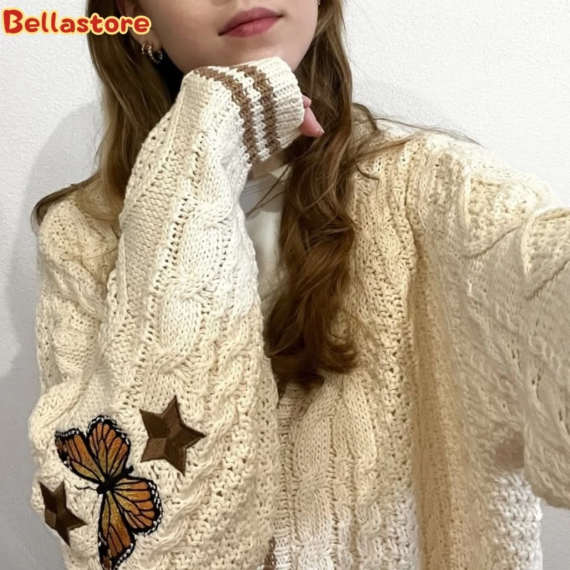 

Fans Fearless Butterfly Embroidered V-neck Knitted Holiday Cardigan Women Autumn Warm Beige Folklore Cardigan Sweaters with Star