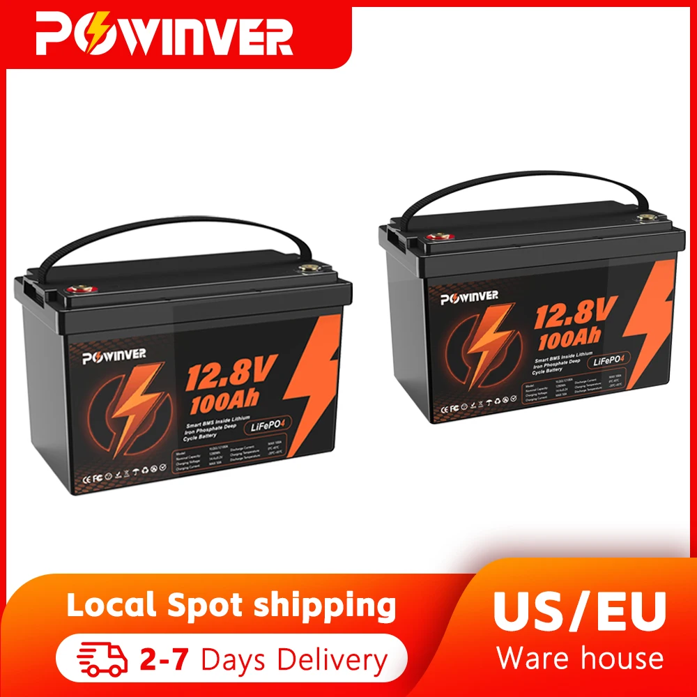 Batterie au lithium POWINVER 24V 36V 48V 100Ah 1280Wh Lifepo4 avec BMS intelligent intégré, courant de charge maximal 50A pour moteur de pêche à la traîne, camping-car