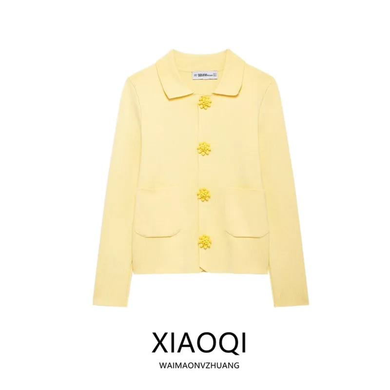 Yellow Knit Shawl Collar Jacket Women's Spring 2025
