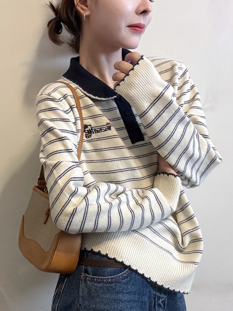 Maglieria coreana a righe con colletto a maniche lunghe da donna, maglione ampio e pigro, unico, per l'autunno inverno da indossare ogni giorno