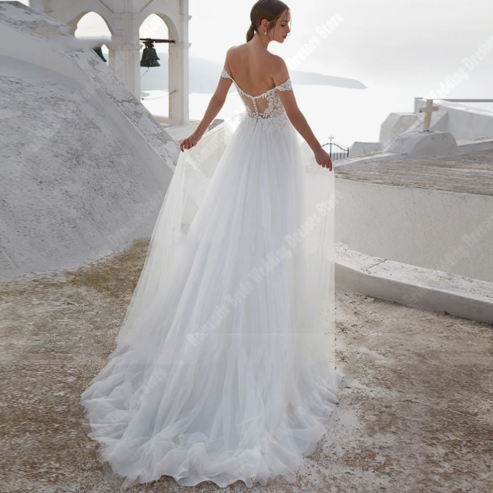 ปิดไหล่ V คอผู้หญิงชุดแต่งงาน Bright Tulle ชุดเจ้าสาว Mopping ความยาวแขนกุด Vestidos De Novias ที่กําหนดเอง