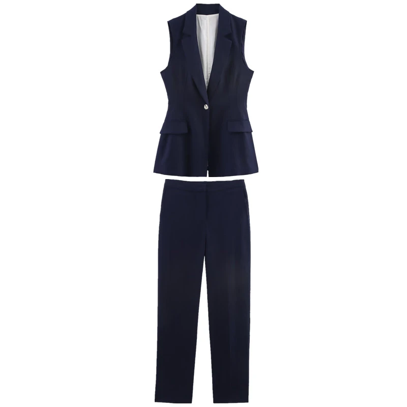 Maxdutti Southern France Minimalist Fashion Navy Blue Suit Vest Straight Leg Suits Pants Set Women's Matching Sets Woman Clothes