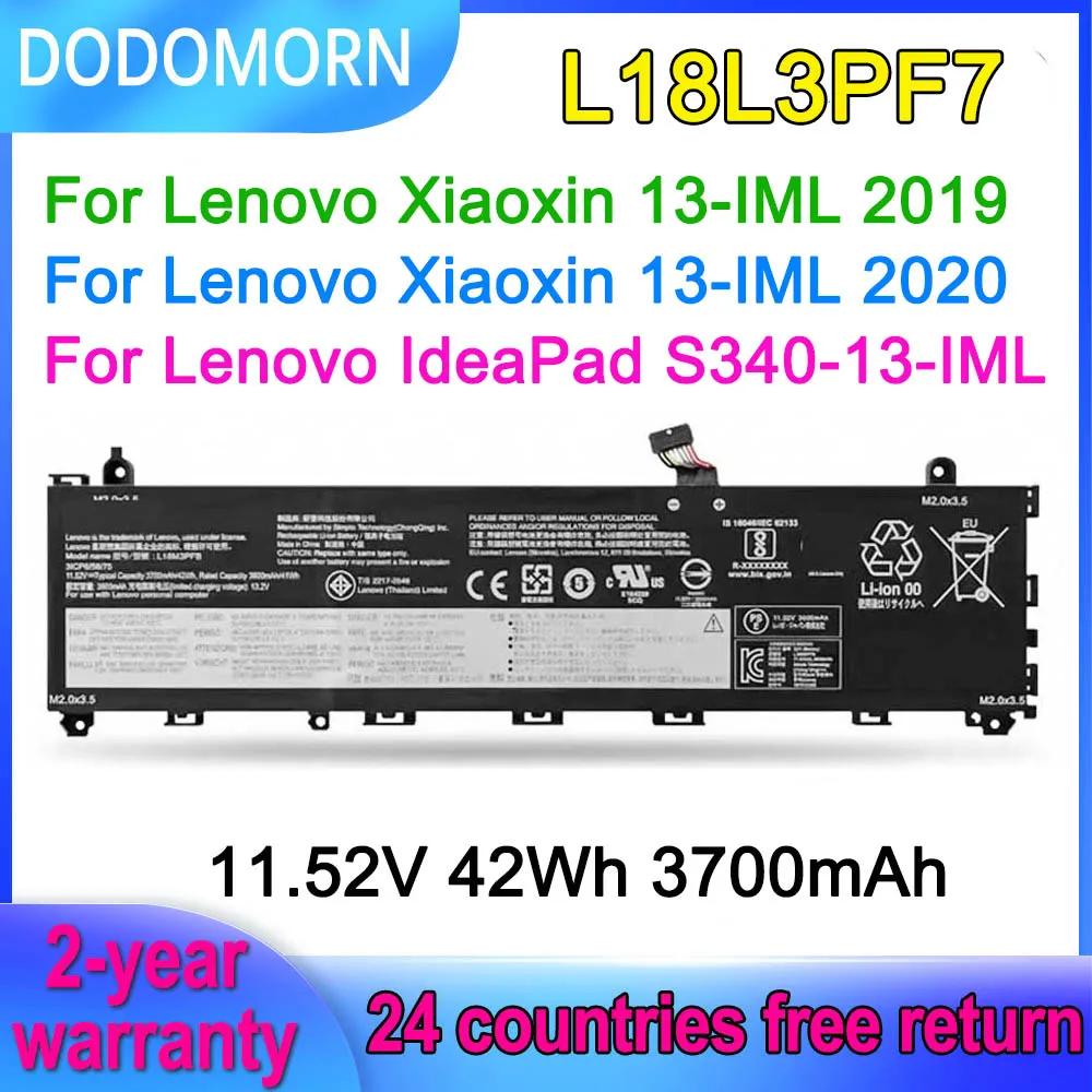 DODOMORN L18L3PF7 Laptop Battery For Lenovo Xiaoxin 13-IML 2019 2020 IdeaPad S340-13IML L18C3PF8 L18M3PFB 11.52V 42Wh 3700mAh