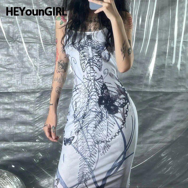 HEYounGIRL Grunge Aesthetic Women Long Dress Skeleton Print Sleeveless Fashion Y2K Sundress High Street Party Dresses Outfits