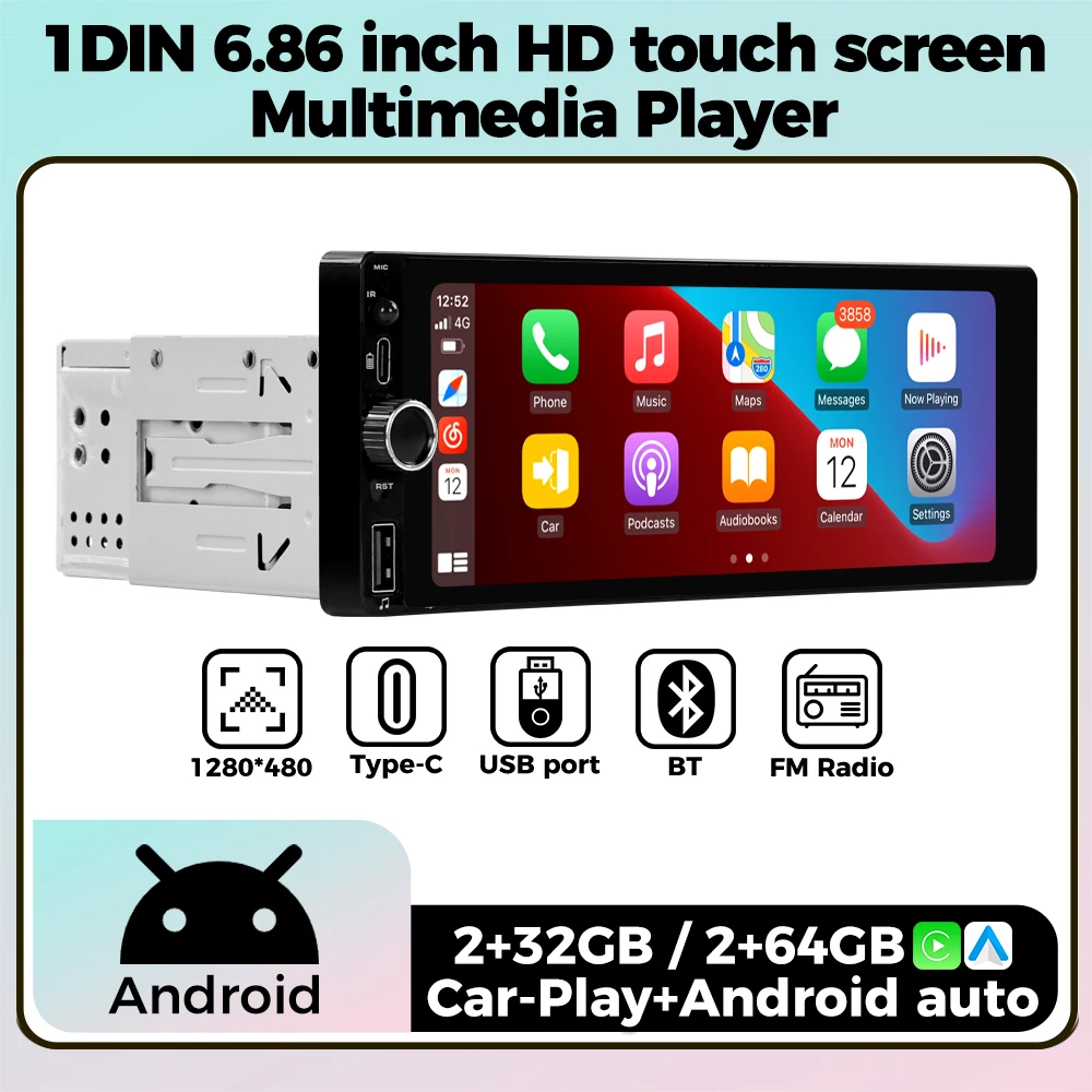 Navifly Wireless CarPlay+Android Auto 1DIN 6.86 Inch HD touch screen Multimedia Player For Universal Type-C USB port BT FM Radio