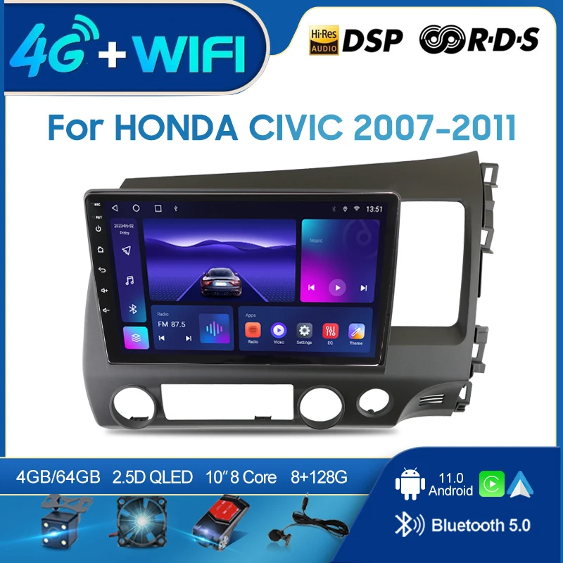 QSZN For HONDA CIVIC 2007-2011 RHD 2 din Android 12.0 Car Radio Multimedia Video Player GPS Navigation 4G Carplay Head unit