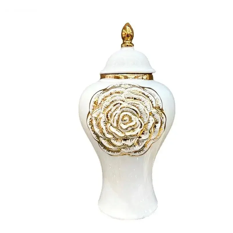 Golden Rose Relief Ceramic Storage Jar Gold-plated General Ginger Desktop Jewelry Organizer Box Cosmetic Container