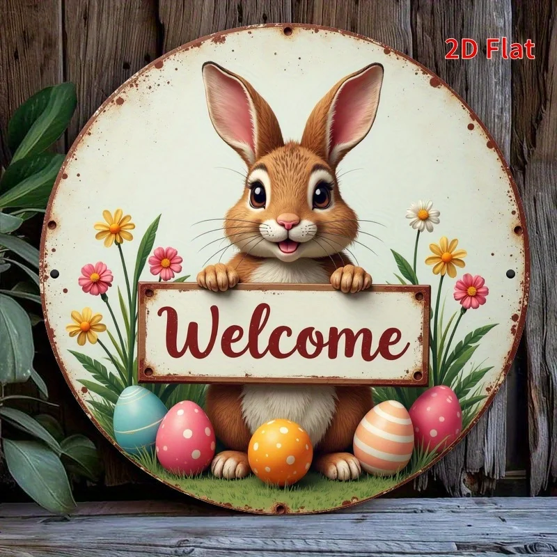 2D flaches 1-teiliges kreisförmiges Osterschild aus Holz, einladendes Kaninchen- und Eierkranz-Holzschild, geeignet für Innenhof und Veranda