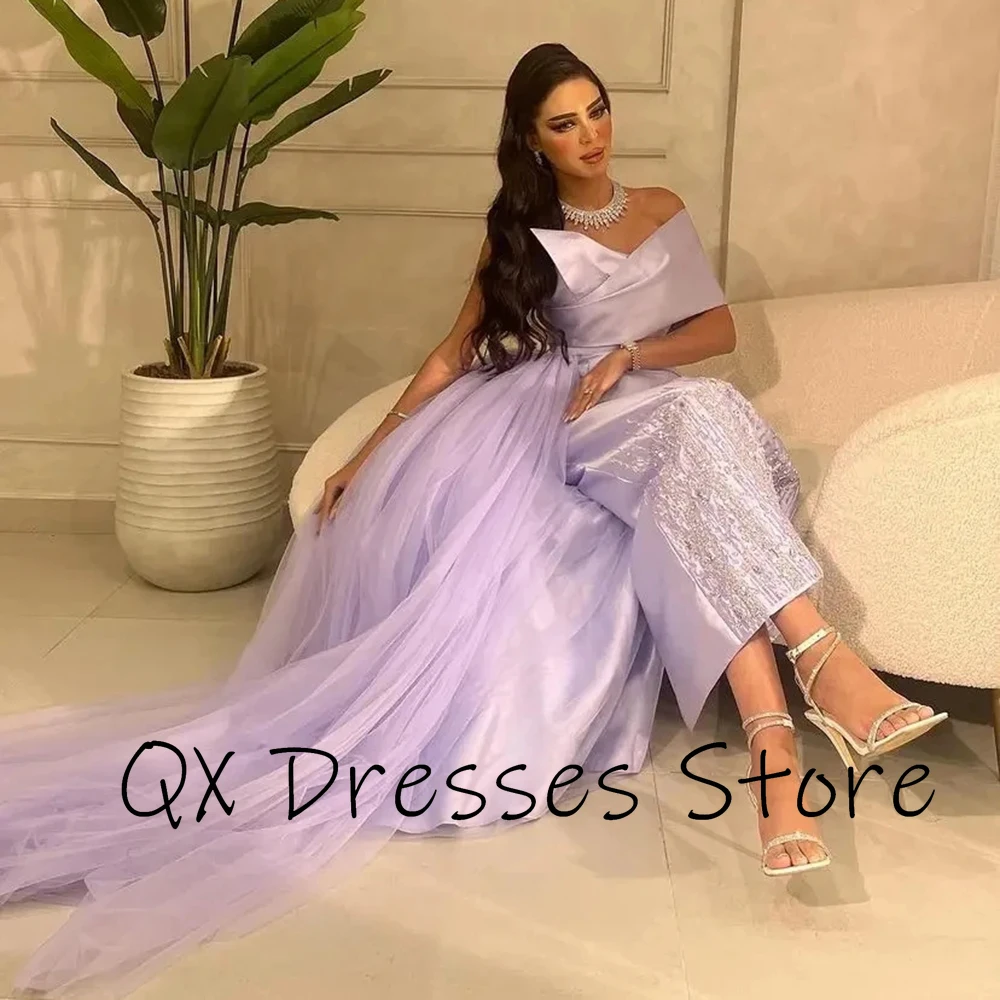 Customized Simple Elegant Prom Dresses Beading V-Neck Off The Shoulder Evening Gowns With Detachable Train Formal Evening Dresse