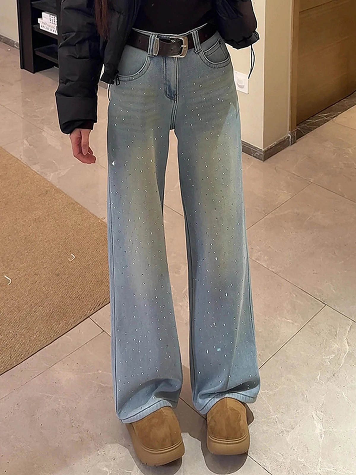 

Зима 2026: Новые синие джинсы с высокой талией, украшенные стразами, свободного кроя, повседневные, модные прямые брюки для женщин