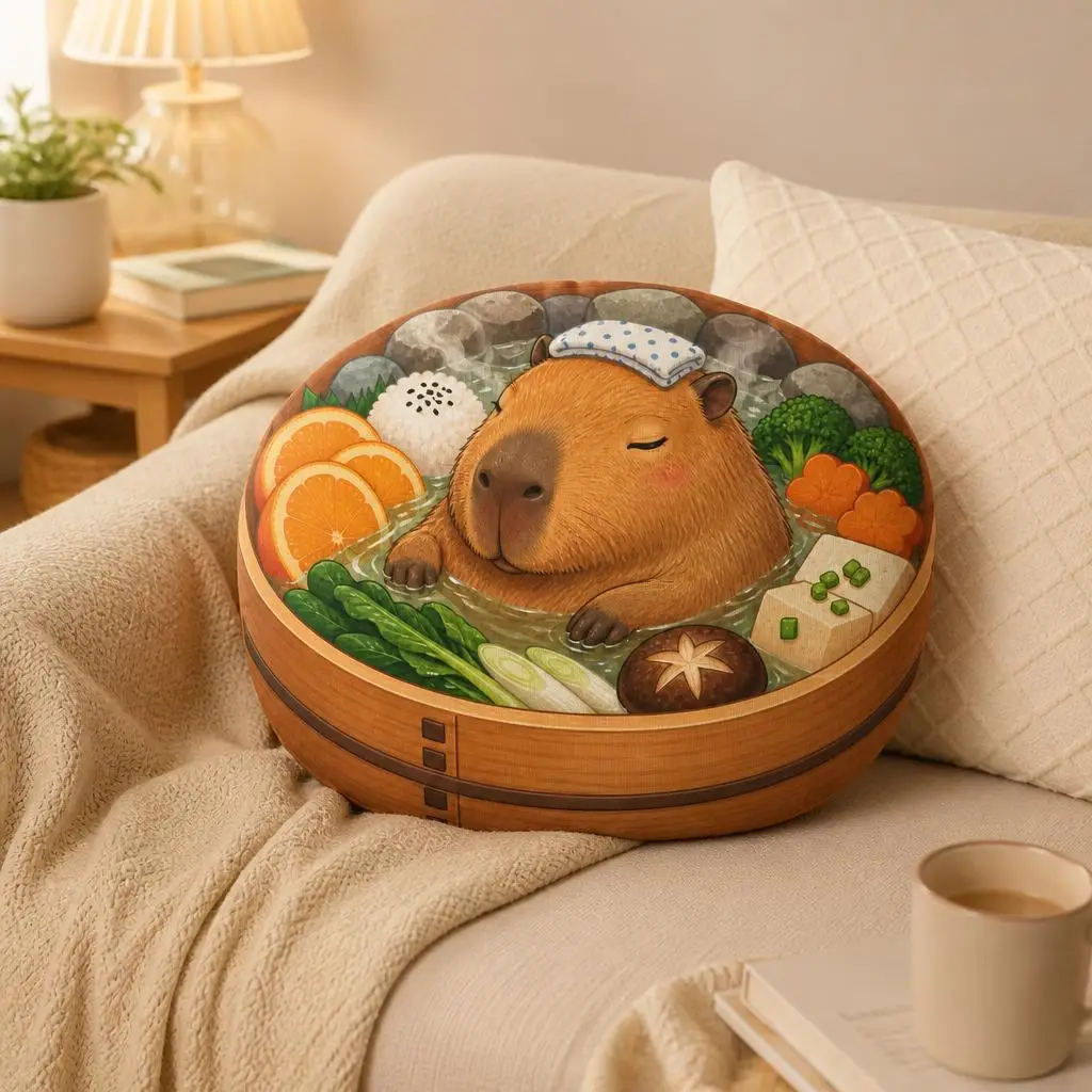 Capybara Hot Spring Plush Pillow Japanese Bento Food Floor Cushion Cute Animal Lover Stuffed Throw Pillow Home Decor Gift