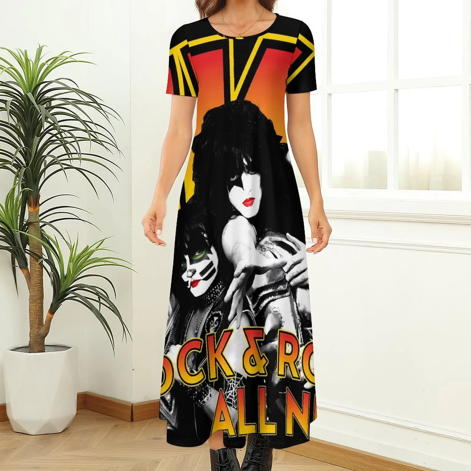 Kiss Band – robe longue de plage pour femmes, tenue Maxi, Kawaii, manches courtes, Streetwear, style Boho, surdimensionnée