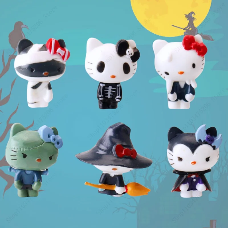 6pcs HelloKittys 2024 Halloween Series Dark Gloomy Action Figures Japanese Cartoon Figurines Collection Model Kids Toys