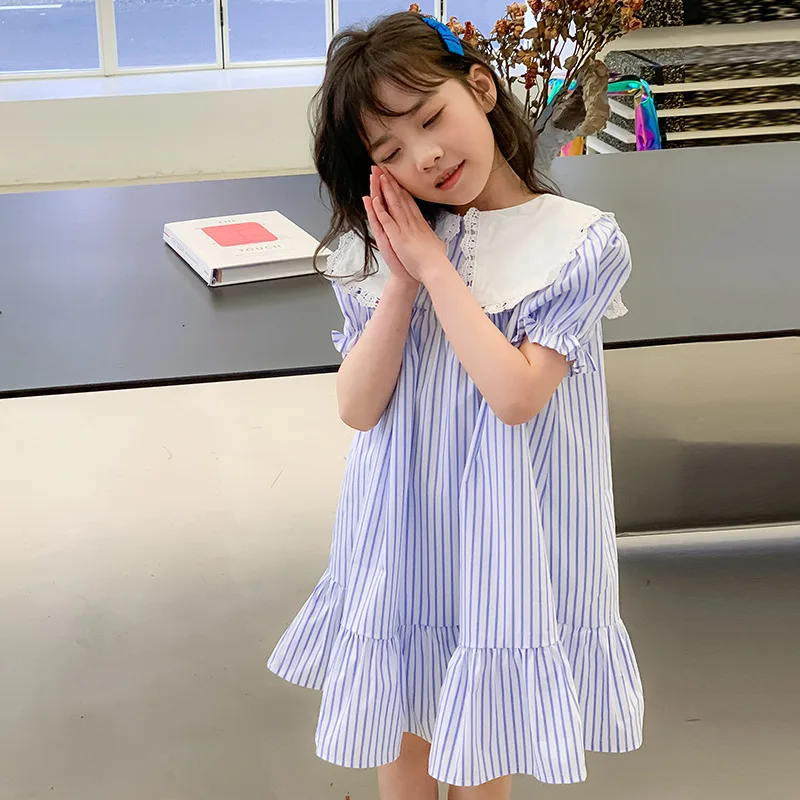 

2024 Korean Summer Junior Girl Dress Teenager Girl Lace Lapel Striped One-piece Dress School Girl Academy Navy Princess Dress