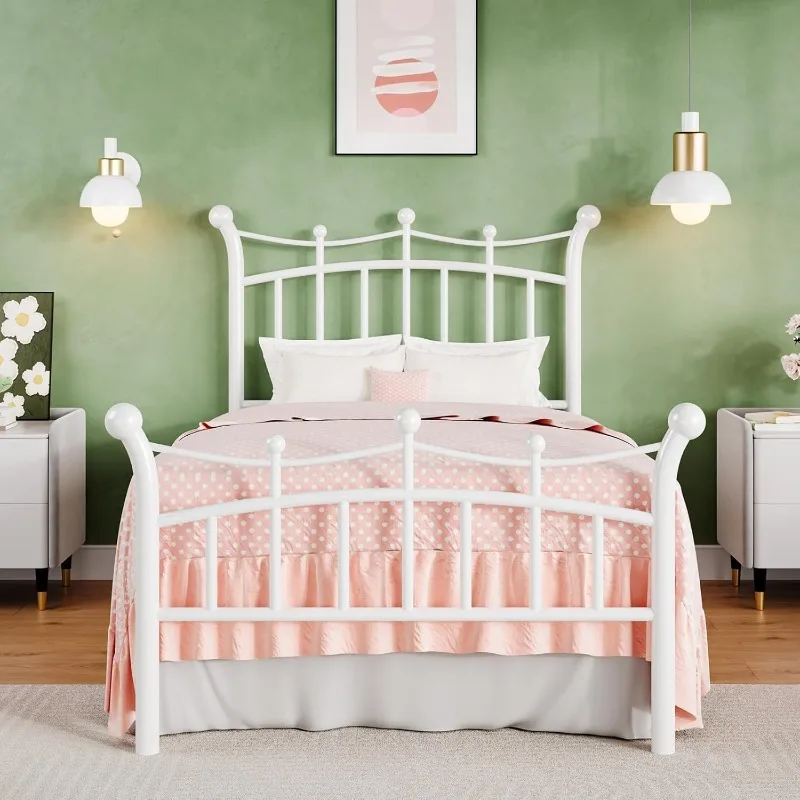 

HOMBCK Twin Bed Frame, Metal Bed Frame with Crown Headboard for Kids, Crown Shaped Design, No Box Spring Needed, White