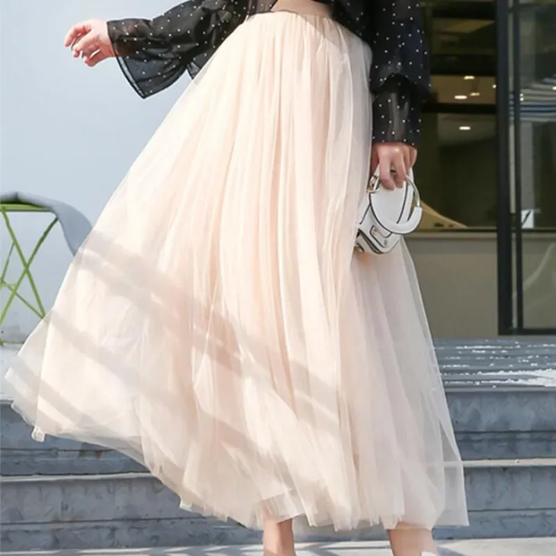 2023 Spring Summer Autumn Elastic High Waist Women Tulle Skirt Female Long Pleated Tutu Skirt Teen Girls Ball Gown Skirts