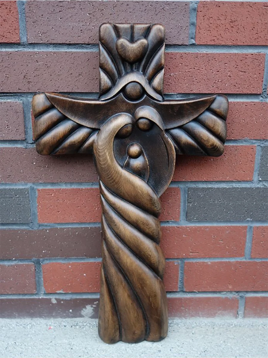 Religious Wall Decor - Handmade Holy Family Cross Pendant, Virgin Mary & Jesus Sacred Art, Catholic Home Altar Decor, Church Orn