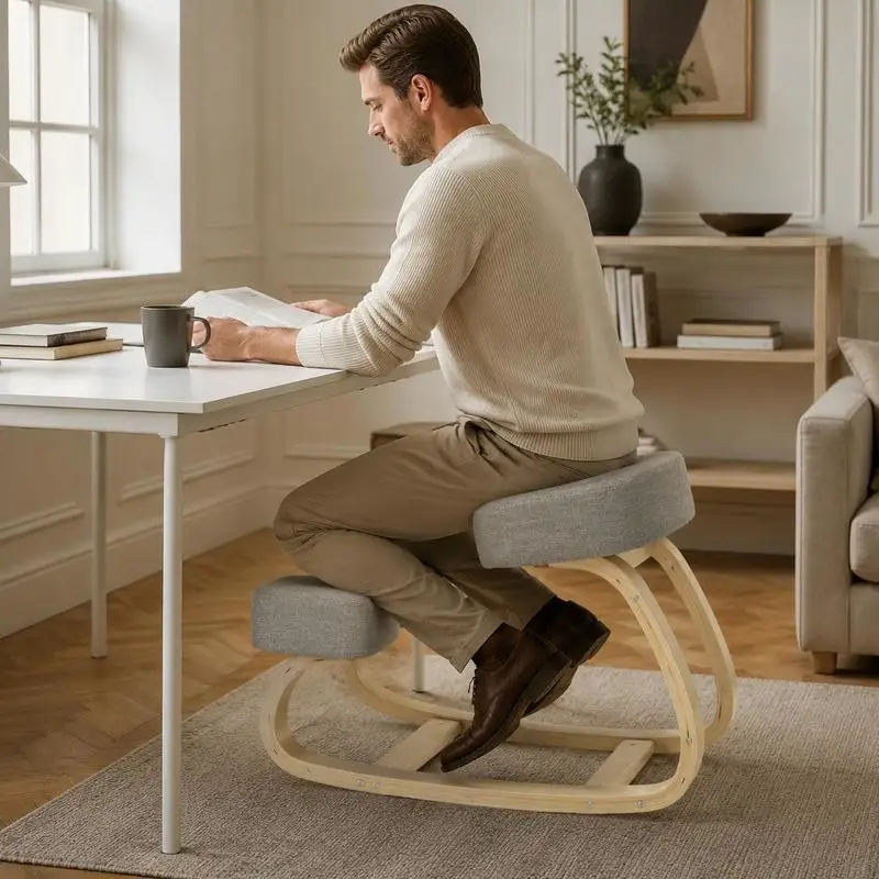 Chaise ergonomique grise à genouillères en bois de bouleau, tabouret rembourré, soutien sain de la posture, charge maximale 120 kg, tabouret de correction de posture pour bureau intérieur