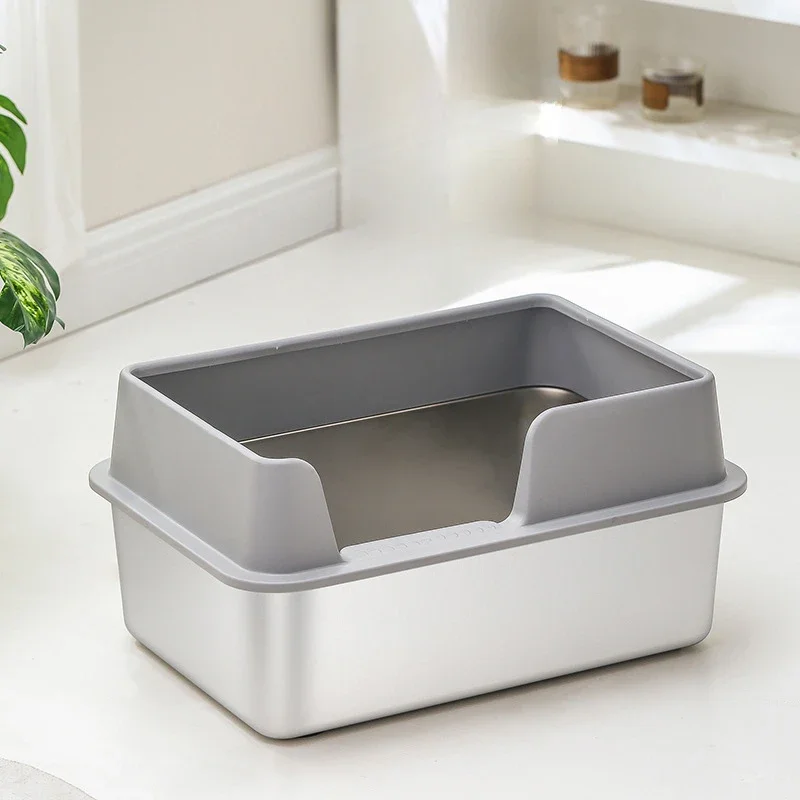 Large Semi Enclosed Sandbox for Cat Stainless Steel Litter Tray Heighten Fence, Cat Toilet, Odor Proof and Splash, Pets Supplies