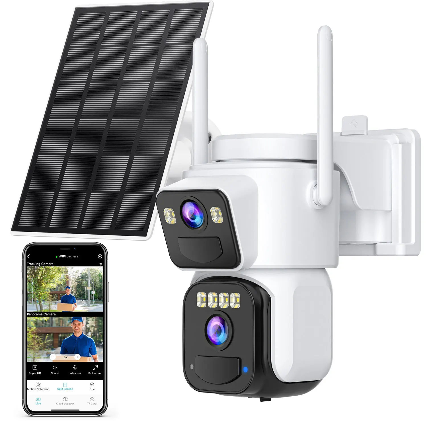 4K Dual Lens Security CameraSolar Powered Wifi External IP Camera with Color Night VIdden PIR Motion Detection for Outdoor Surve