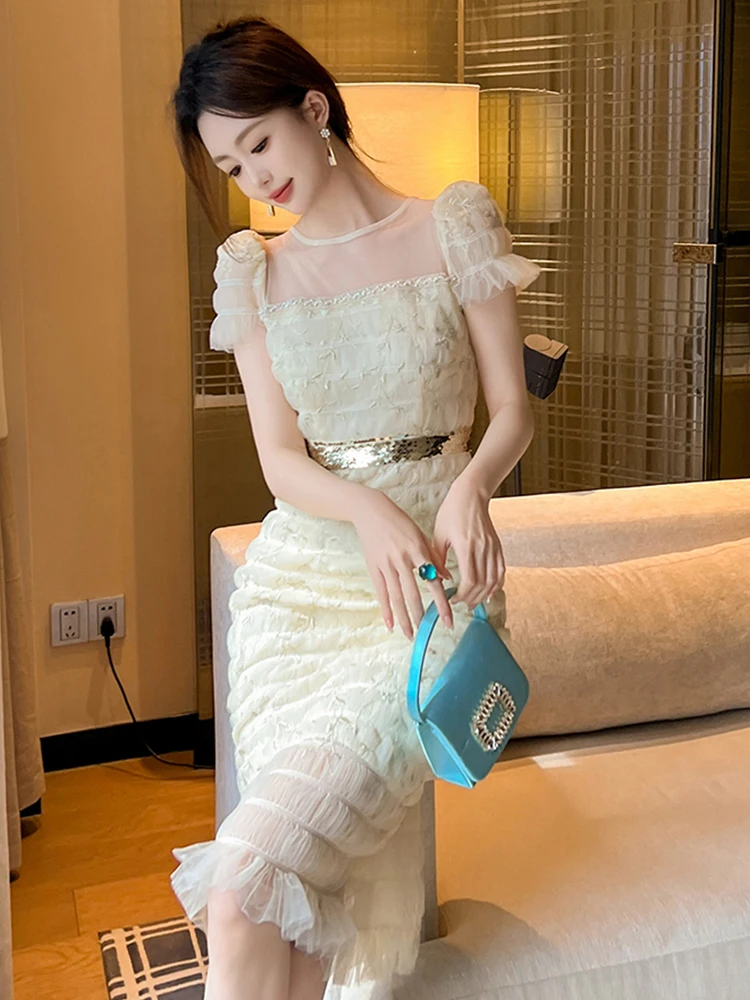 Damska Sukienka na Imprezę w Stylu Francuskiej Socjality, Słodka Elegancka Przezroczysta Siateczka, Falbany, Haft, Cekiny, Obcisła Sukienka, Suknia Bankietowa, Vestidos Lady