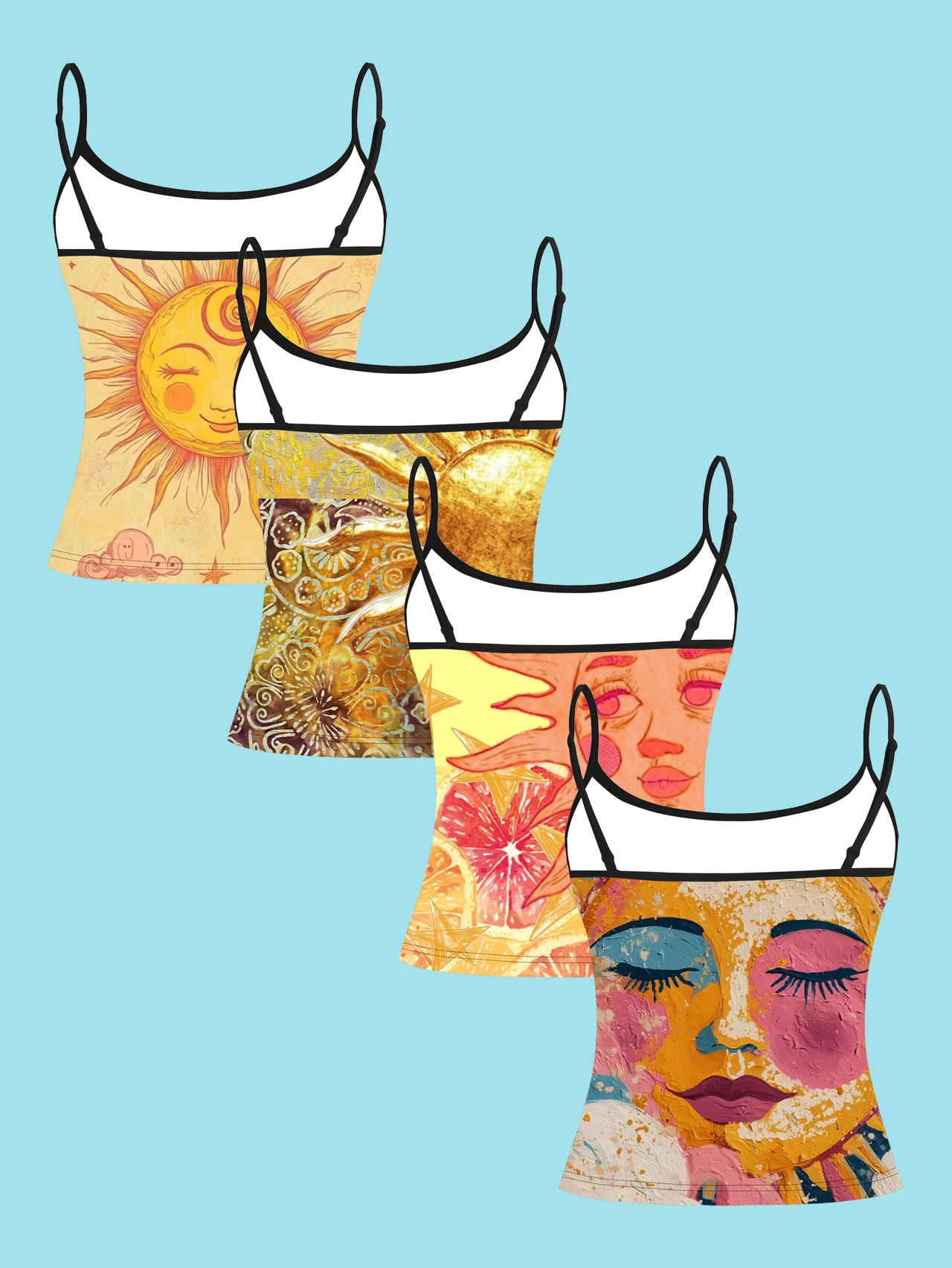 4-Piece Set of Women's Spaghetti Strap Camisoles, Vintage Hand-Painted Sun Face Art All-Over Print Slim-Fit Sleeveless Tops, Bohemian Style Outerwear and Innerwear Base Layer Shirts