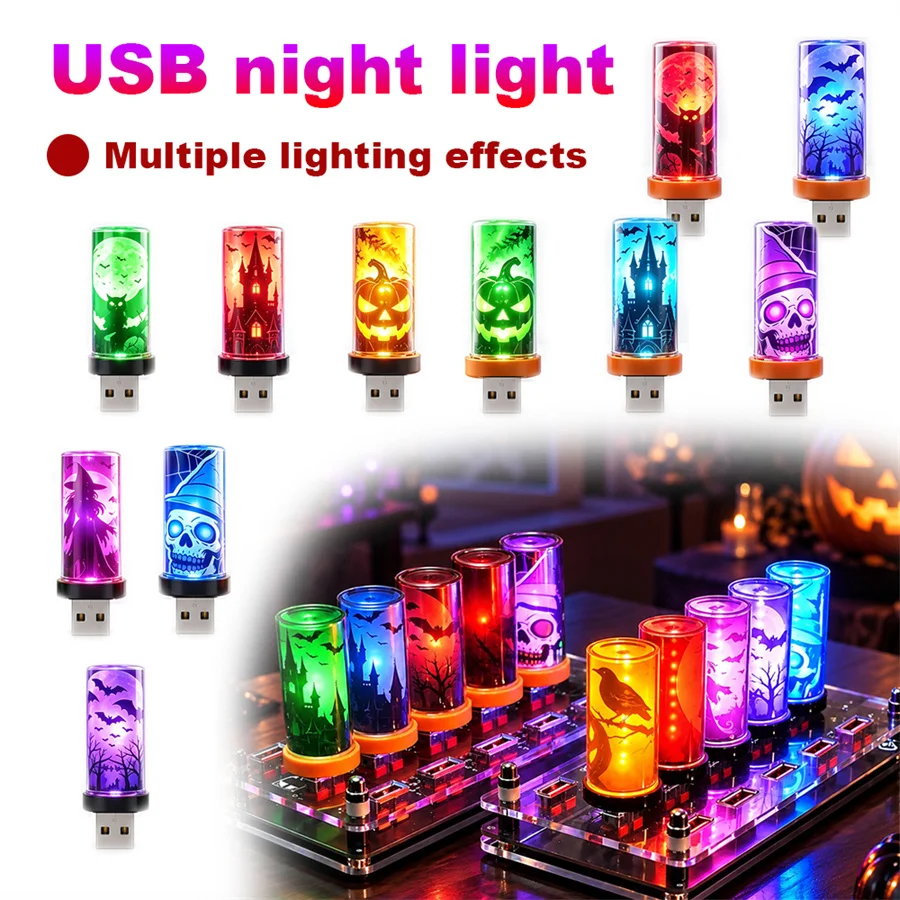 Cool Multiple Patterns USB LED Glass Light Halloween Convenient Lighting for Holiday Festival Indoor Power Bank Environments