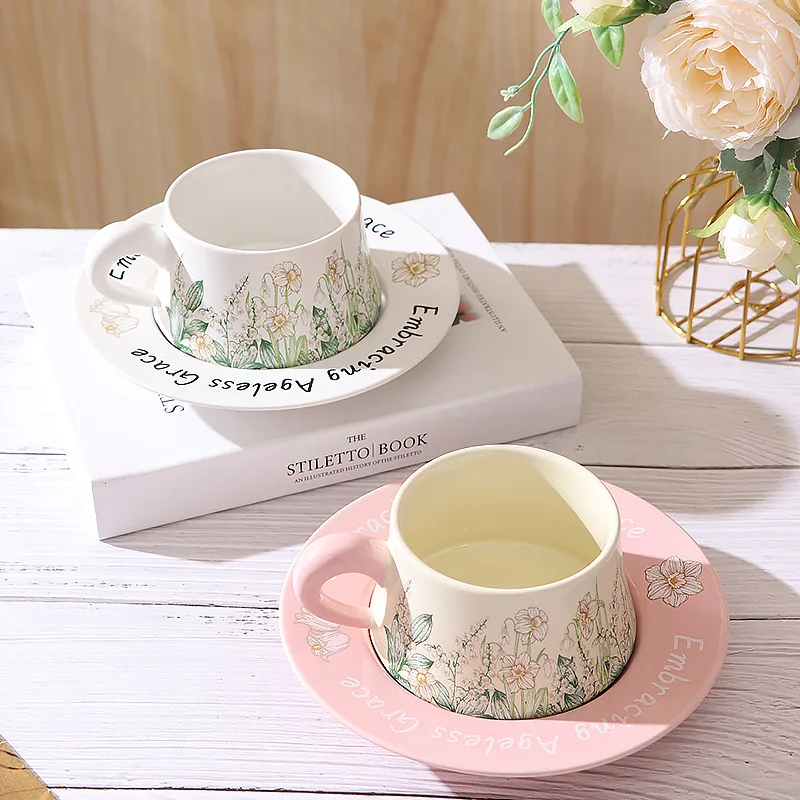 2 Piece Mug and Saucer Set, 10 oz Hand Painted Light Coffee Mug and Saucer, Suzuran Flower Tea Mug,Afternoon Tea Ceramic Mug Set