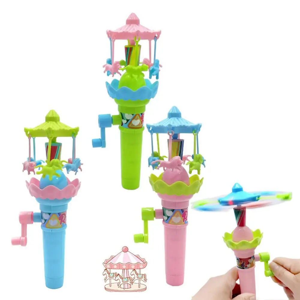 Boys Girls LED Lights Hand Cranked Rotating Glowing Interactive Merry-Go-Round Gear Mechanism Plastic Carousel Children