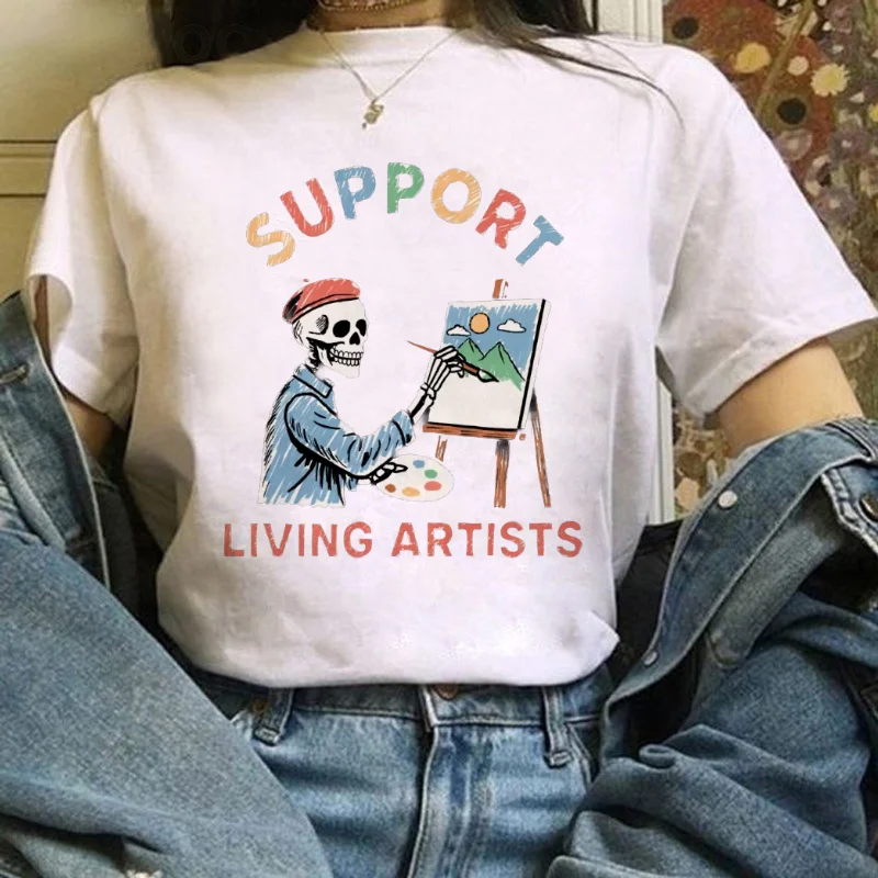 Support Living Artists Skull Pattern T-Shirt Casual Women's Popular Cartoon Summer Cute Basic Style Top Women's New T-Shirt