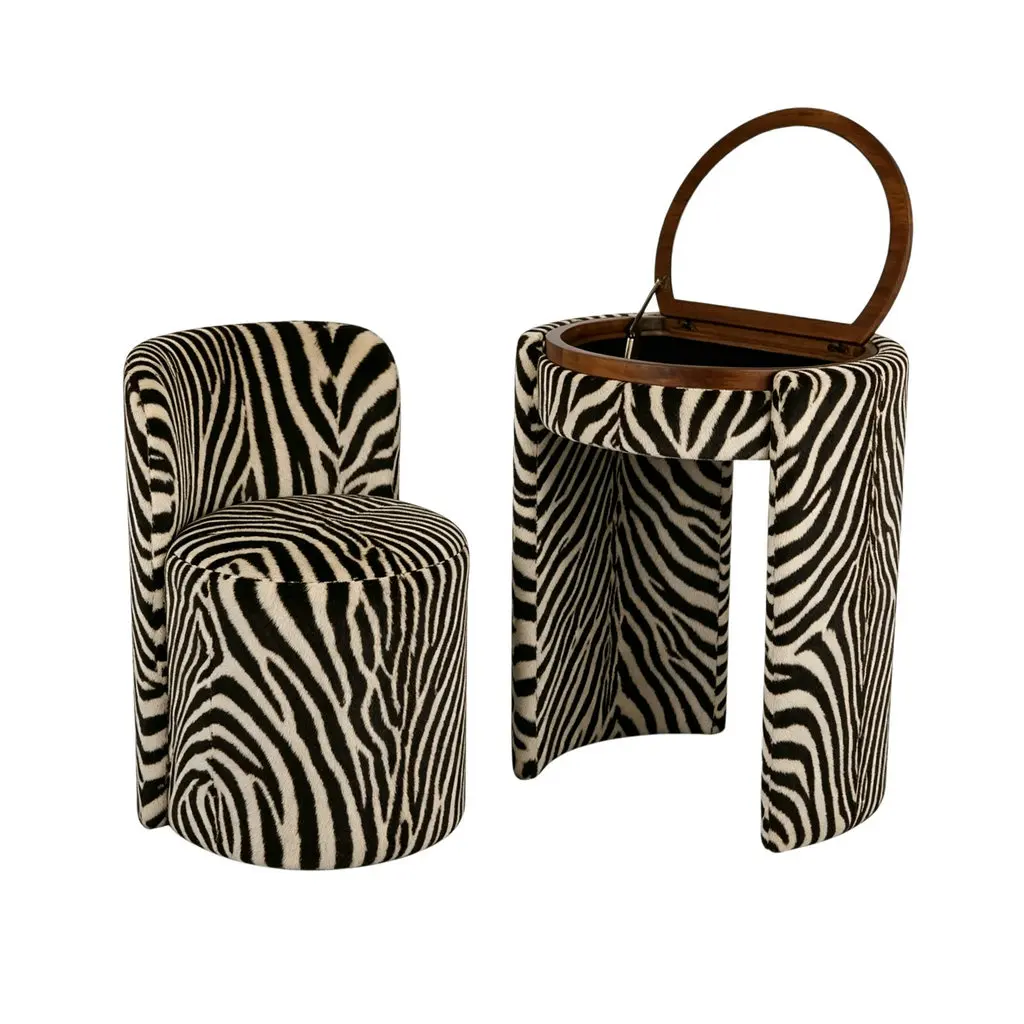 #Luxury Vintage Leopard Vanity Set Zebra Dressing Table Chair Flip-Top Round Mirror Storage Tiger Fabric Makeup Desk for Bedroom