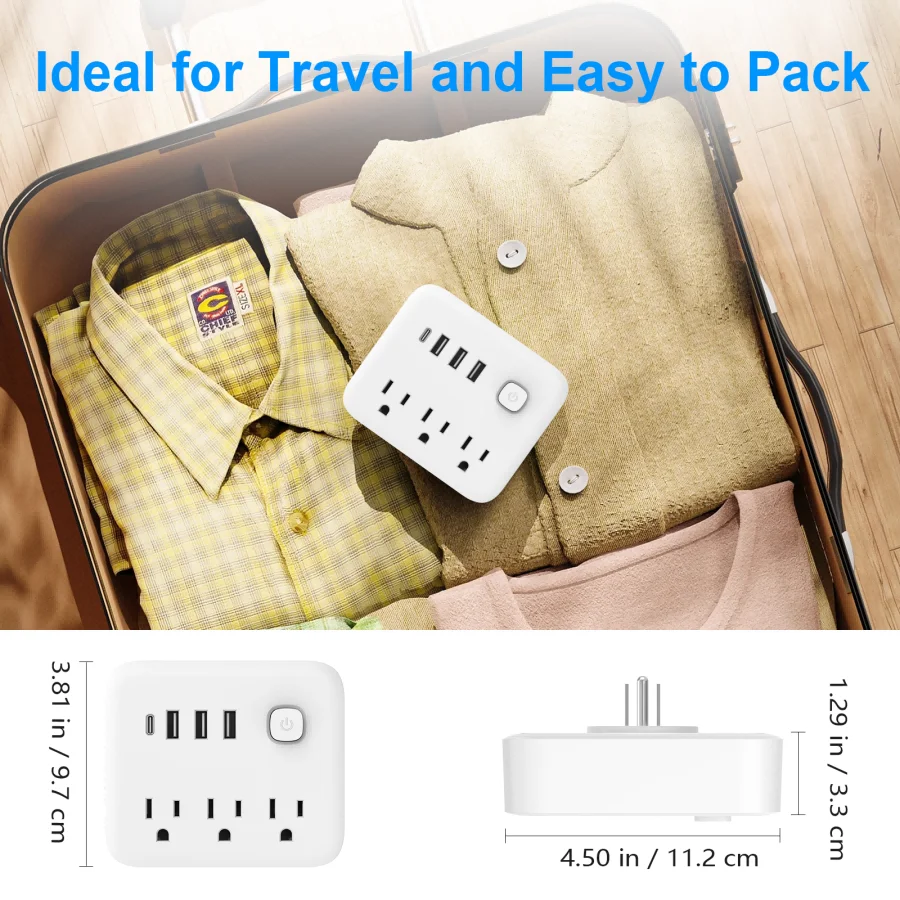 Multi socket power board, 3-socket multi socket expansion adapter, wall charger with 4 USB ports (1 USB-C)