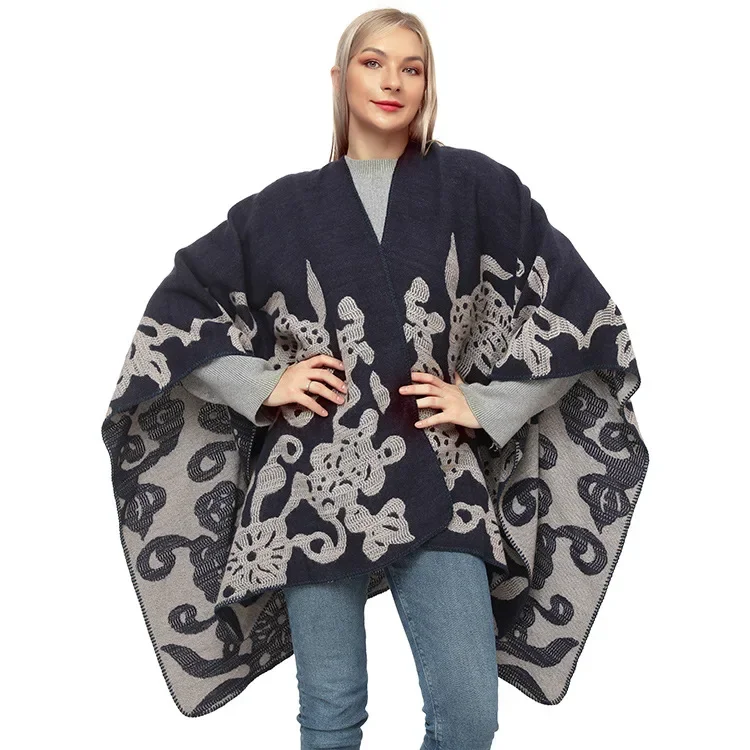 Autumn Winter Butterfly Jacquard Knitted Shawl Women Keep Warm Imitation Cashmere Poncho Lady Capes Black Cloaks