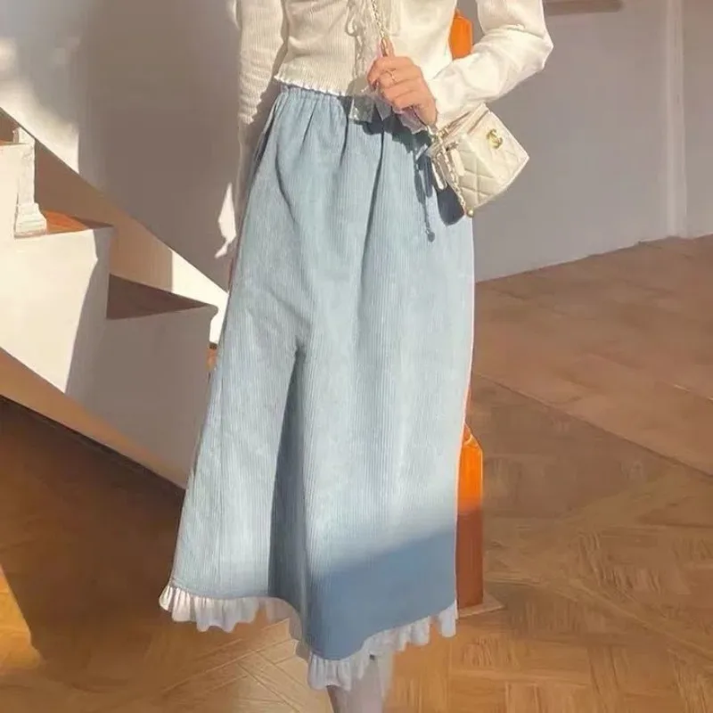 High Waist Midi Skirt Women Edible Tree Fungus Corduroy Side Slit A-line Loose Mori Girl All-match Sweet Girls Korean-style Cozy