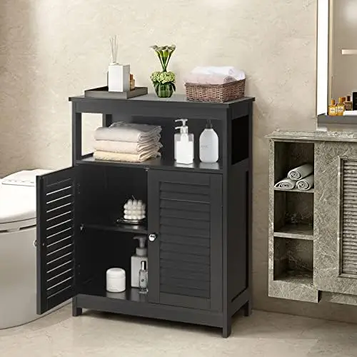 

Bathroom Cabinet, Wooden Side Organizer with Louver Doors & Removable , Freestanding Floor Cabinet for Living Room, Kitche